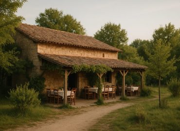 Restaurang på landet omgiven av lummig grönska